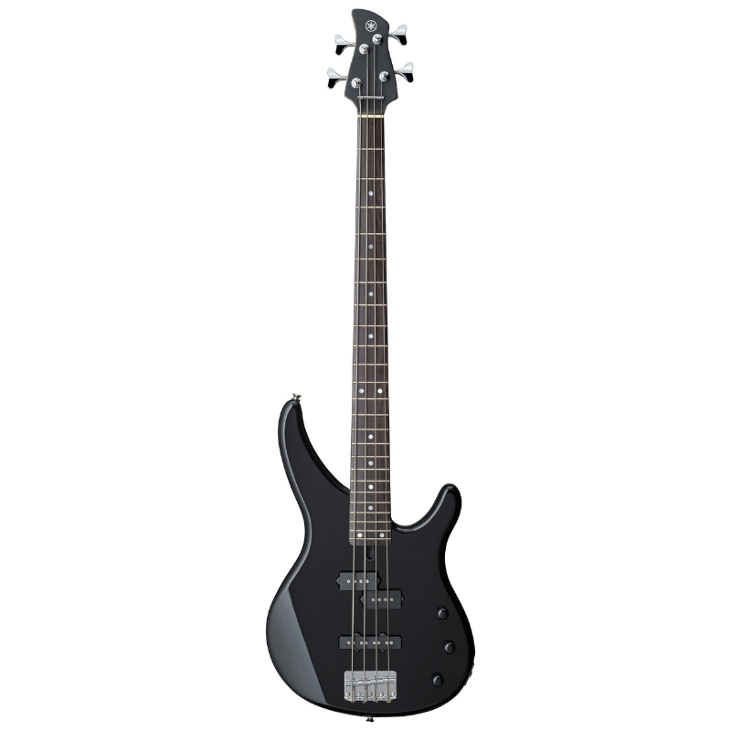 Black four‑string electric bass guitar with a sleek, contoured body on a white background