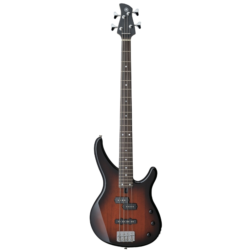 Sunburst electric bass guitar with four strings, two pickups, and four control knobs on the body.