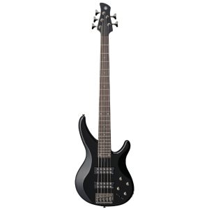 Black electric bass guitar with four strings, two pickups, and four control knobs seen from full-length view