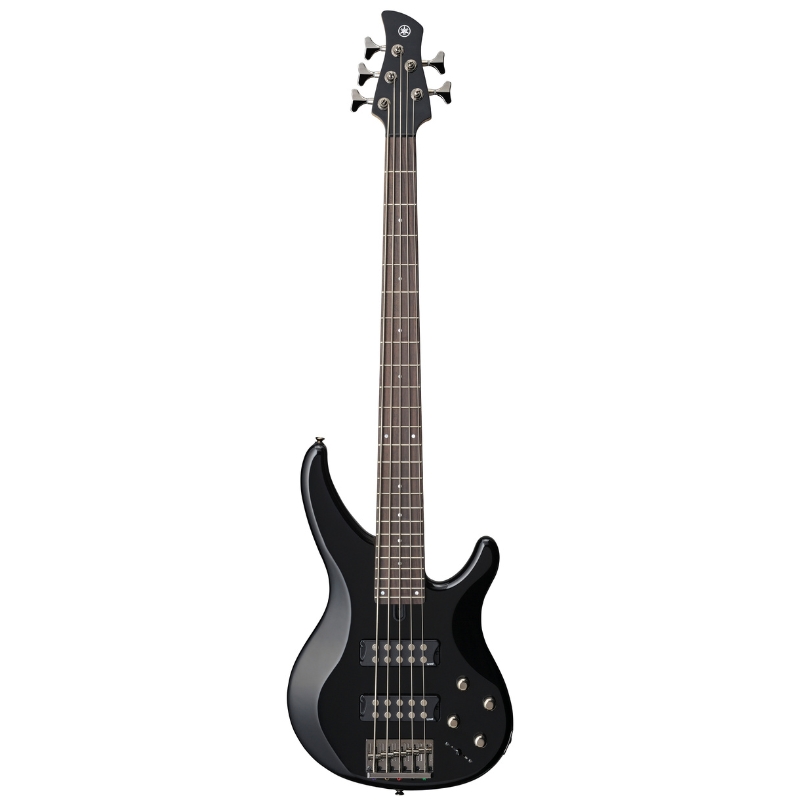 Black electric bass guitar with four strings, two pickups, and four control knobs seen from full-length view