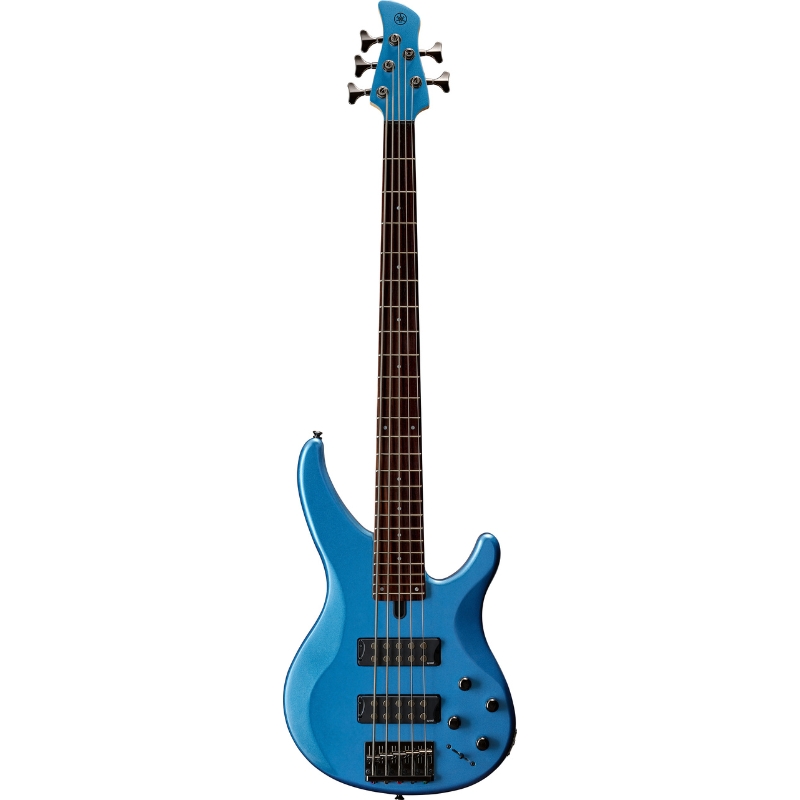 Blue electric bass guitar with a brown neck and four strings, shown against a white background with multiple control knobs visible on the body.