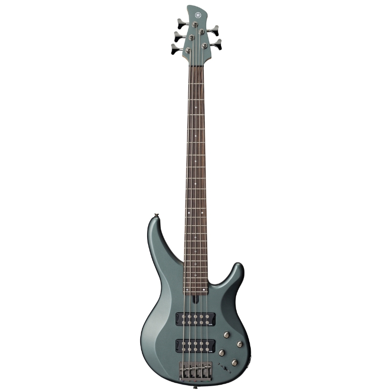 Blue-grey four-string electric bass guitar with two pickups and multiple control knobs on a solid body edge. The headstock has six tuners and a modern design.