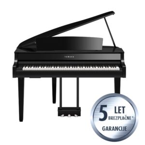 Black Yamaha grand piano with open lid, front view, and a circular 5-year warranty badge in the corner