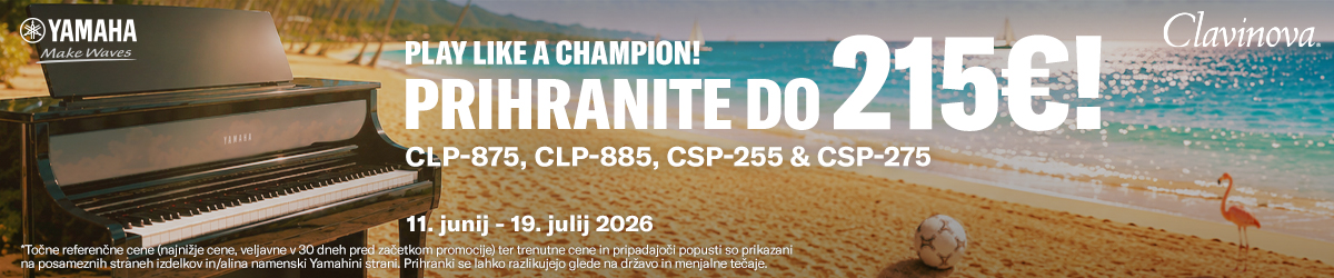 Yamaha Clavinova promo banner: piano on a sunny beach with 'Save up to 215€' for CLP-875/885 and CSP-255/275, June 11–July 19, 2026.