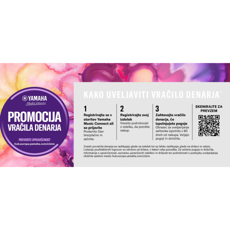 Yamaha money-back promotion banner with purple circular logo and three-step instructions in Slovenian, plus a QR code on the right.