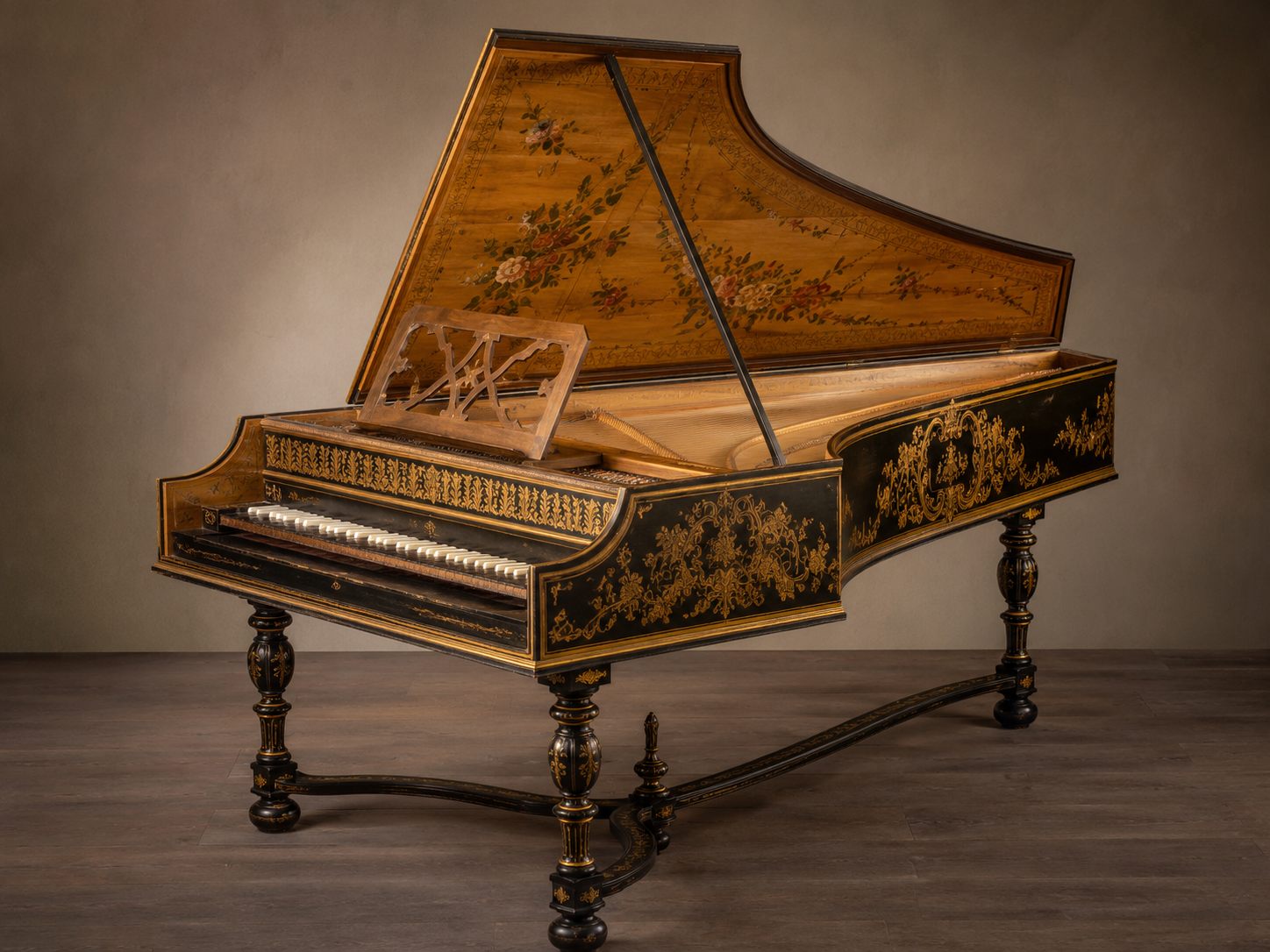 harpsichord Ornate antique grand piano with black lacquer and gold floral inlay, open lid and carved legs in a classic music room setting