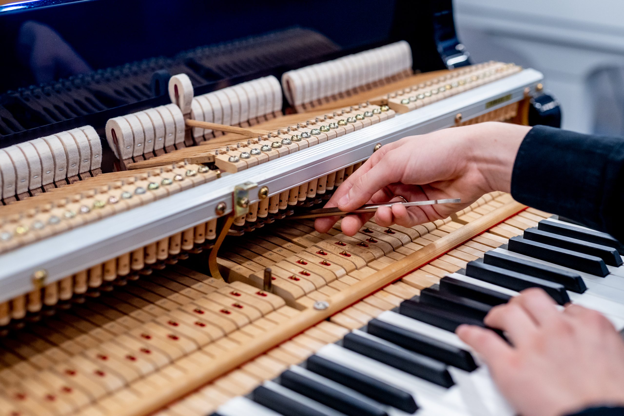 japan-piano-center-mehanika-klavir Close-up of a piano action: hammers, strings, and felt with a pianist's hands on the keyboard