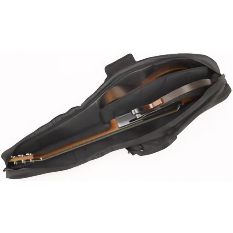 Open black backpack revealing internal electronics and a copper-colored component inside the main compartment.