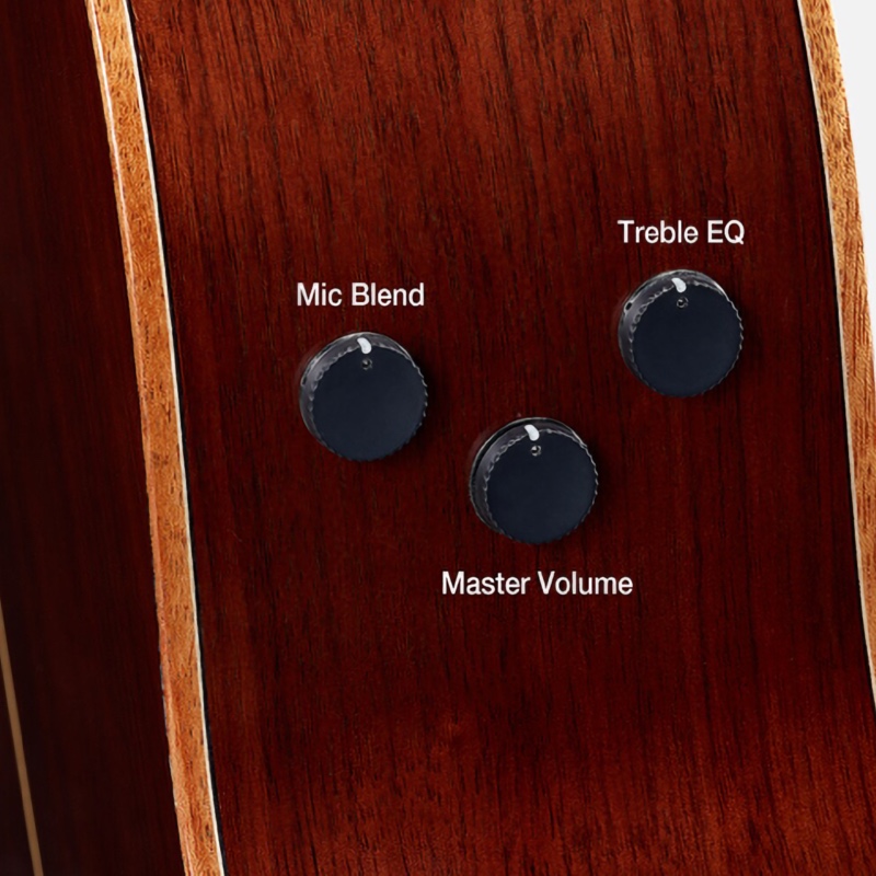 Guitar body close-up showing three control knobs labeled Mic Blend, Master Volume, and Treble EQ on a wood finish.