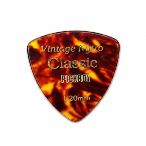 Tortoiseshell guitar pick with gold text reading 'Vintage Nytro Classic' and 'PICKBOY' and '1.20mm'