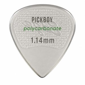 Polycarbonate guitar pick labeled 'PICKBOY' with 1.14 mm thickness