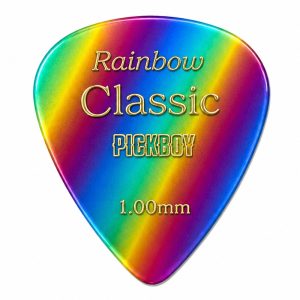 Rainbow gradient guitar pick with gold lettering reading 'Rainbow Classic' and '1.00mm'