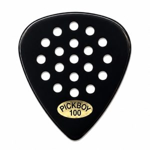 Black guitar pick with multiple circular holes and a gold oval label reading 'PICKBOY 100'