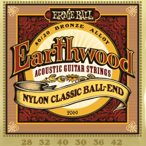 Earthwood by Ernie Ball packaging for nylon classical ball-end acoustic guitar strings, bronze alloy 80/20 label art.