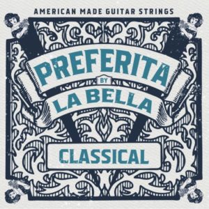 Ornate vintage label for PREFERITA by LA BELLA classical guitar strings, American made with teal and navy typography.