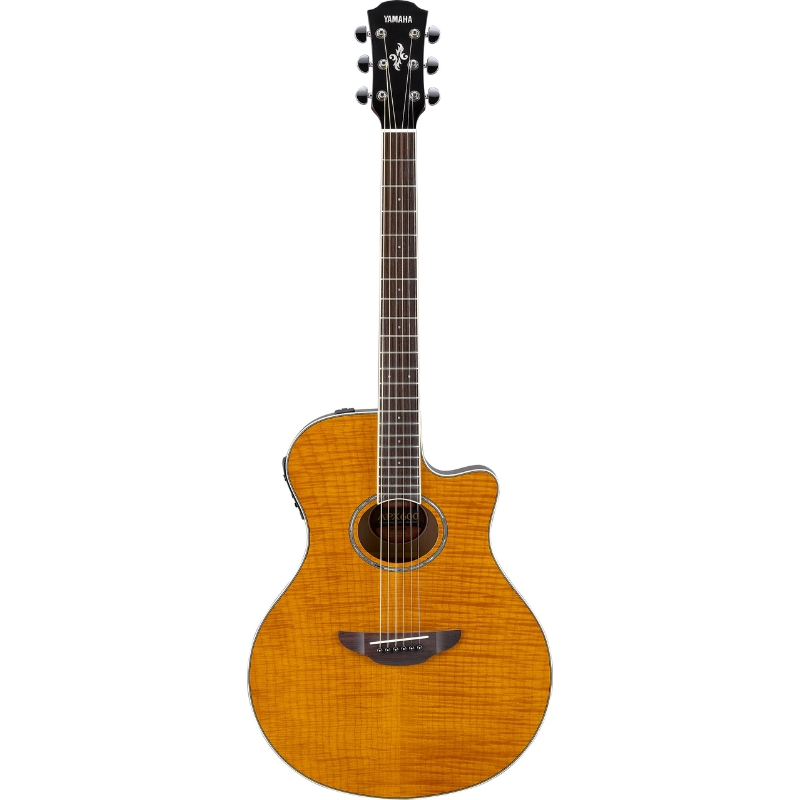 Yamaha acoustic cutaway guitar with a honey‑amber finish and dark fretboard edges.