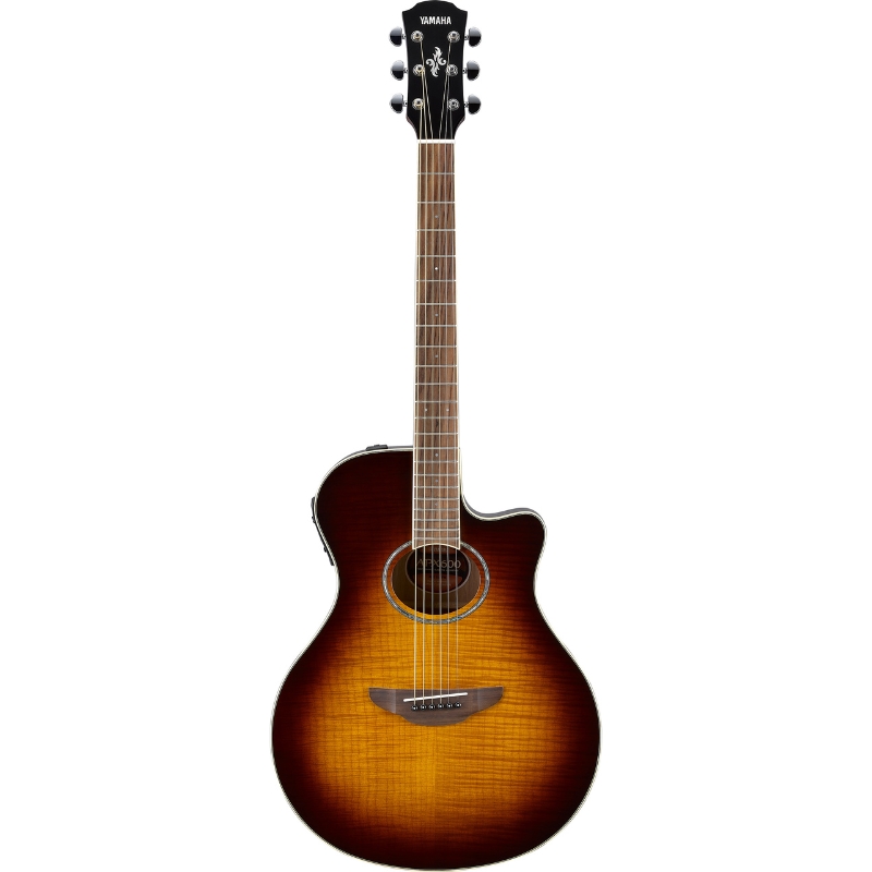 Sunburst Yamaha acoustic-electric guitar with a single cutaway, six strings, and a rosette around the soundhole, shown front view