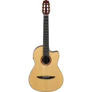 Acoustic guitar with a cutaway body, natural wood finish, and nylon strings, shown from the front against a white background