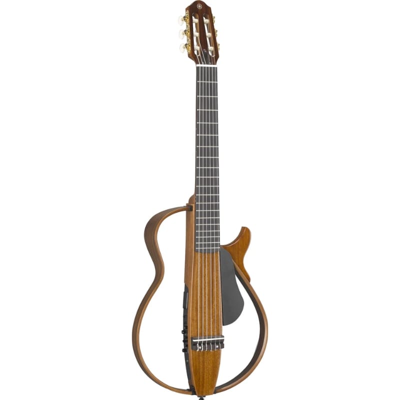 Six-string wooden guitar with a circular curved wood frame around the body, a dark pickguard, and a long fretboard