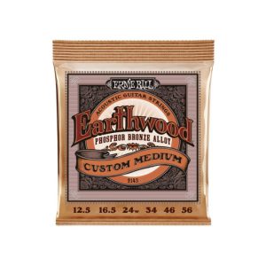 Earthwood Custom Medium phosphor bronze guitar strings in orange-brown packaging by Ernie Ball (front label)
