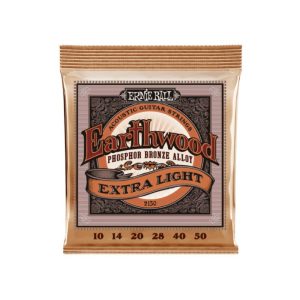 Earthwood Extra Light guitar strings by Ernie Ball (Phosphor Bronze Alloy) in copper-toned package with gauge numbers 10,14,20,28,40,50 on bottom