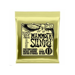 Ernie Ball Mammoth Slinky guitar strings in gold packaging; nickel-wound strings, made in USA.