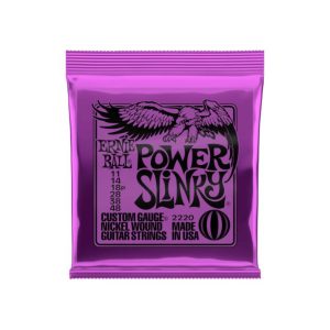 Purple Ernie Ball Power Slinky guitar strings in packaging, showing 'Ernie Ball' and 'Made in USA' text.
