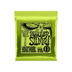 Neon-green package of Ernie Ball Regular Slinky nickel-wound guitar strings, Made in USA.