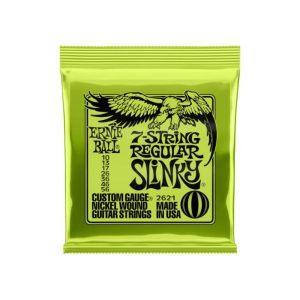Bright green package of Ernie Ball 7-String Regular Slinky nickel-wound guitar strings, Made in USA, custom gauge symbols visible on label.