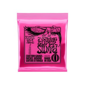Pink package of Ernie Ball 7-String Super Slinky nickel-wound guitar strings, Made in USA.
