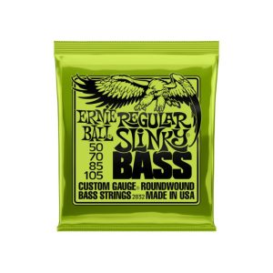 Lime green Ernie Ball Slinky Bass strings package with eagle logo and gauge markings 50, 70, 85, 105, Made in USA.