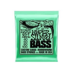 Package of Ernie Ball Hyper Slinky bass strings in a green wrapper, showing gauges 40, 60, 80, 100 and 'Made in USA' text.