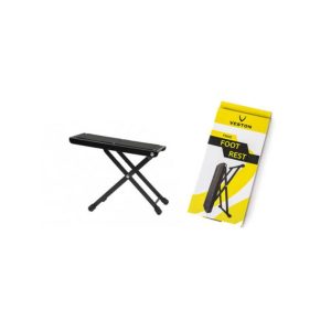 Portable X-shaped keyboard stand with foldable legs pictured next to its yellow packaging labeled 'FOOT REST'