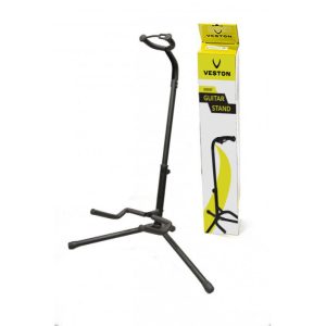Black three‑leg guitar stand with adjustable neck cradle next to its yellow/white Ves ton box labeled 'GUITAR STAND' (VESTON).