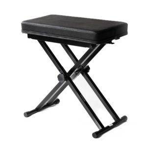 Black padded adjustable piano/keyboard bench with an X-folding metal frame on a white background.
