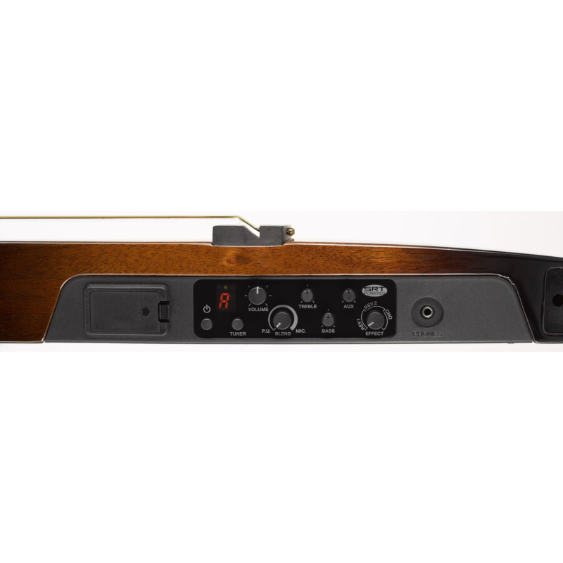 Close-up of a black audio control panel embedded in wood veneer, with knobs for volume, treble, mic, bass, and inputs labeled TUNER, AUX, EFFECT, and P.J. BLEND.