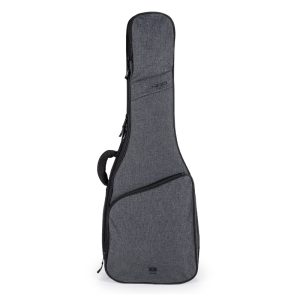 Grey guitar gig bag with multiple zippered pockets and a carrying handle, standing upright.