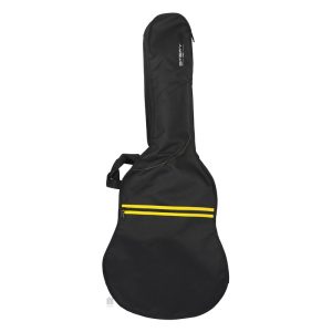 Black guitar gig bag with two yellow zippers and a carry strap, shaped for an acoustic/electric guitar
