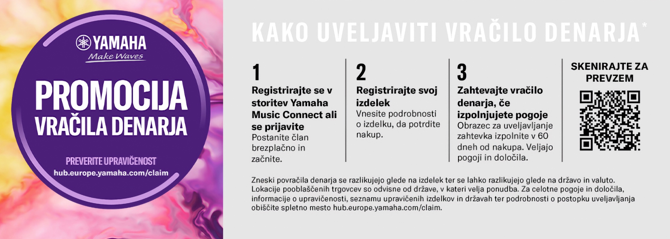 Promocijska povabilo Yamaha: 'Promocija vračila denarja' s purpurovim krogom levo in trimi koraki z desne stranjo ter QR kodo.