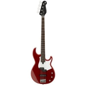 Red electric bass guitar with a white pickguard, four strings, and a maple neck.