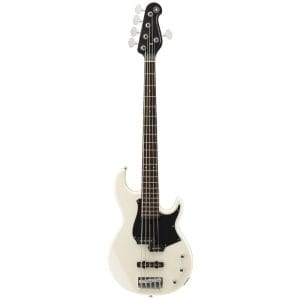 White electric bass guitar with a black pickguard, four strings and chrome hardware on a cream body as shown in a full view.