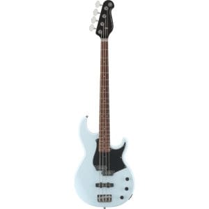 Light-blue electric bass guitar with a black pickguard, four strings, and a rosewood fretboard