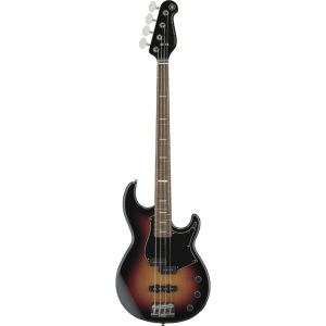 Sunburst electric bass guitar with a black pickguard and four strings, shown in a full-body view from headstock to bridge.