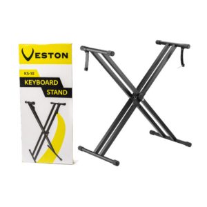 Adjustable X-shaped keyboard stand beside its Veston KS-10 box